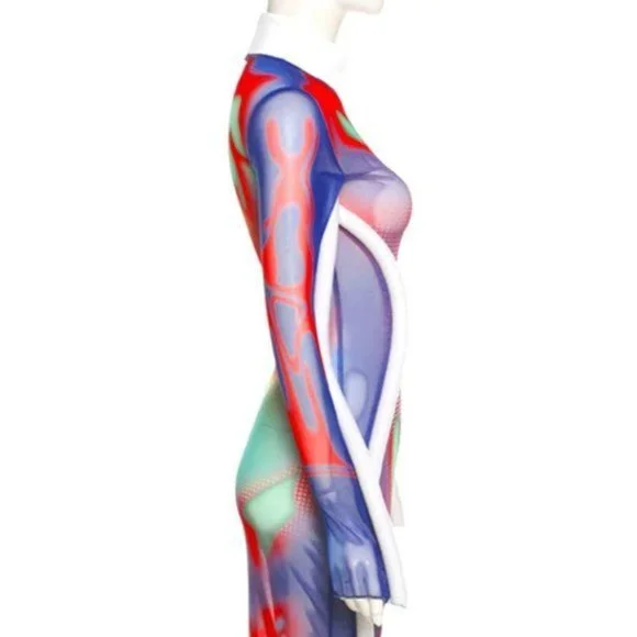 STASIA 3006: Infrared Body 5th Element Mesh Long Sleeve Maxi Dress - Picture 12 of 16